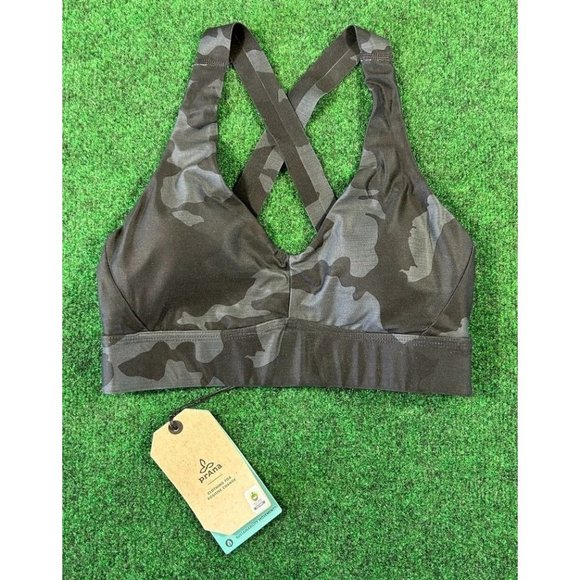 Prana Layna Bra Black Camo Strappy V Neck Sports Bra NEW Size XS - Picture 1 of 9